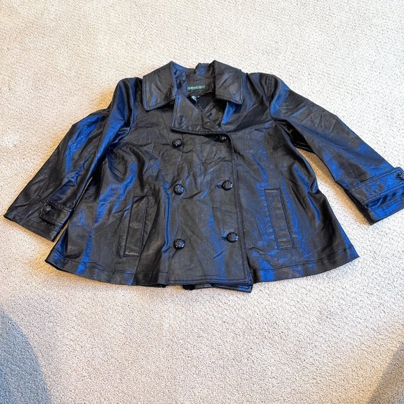 Lauren Jeans Company Ralph Lauren Jacket Black Coated Denim Double Breast MED - Picture 1 of 11